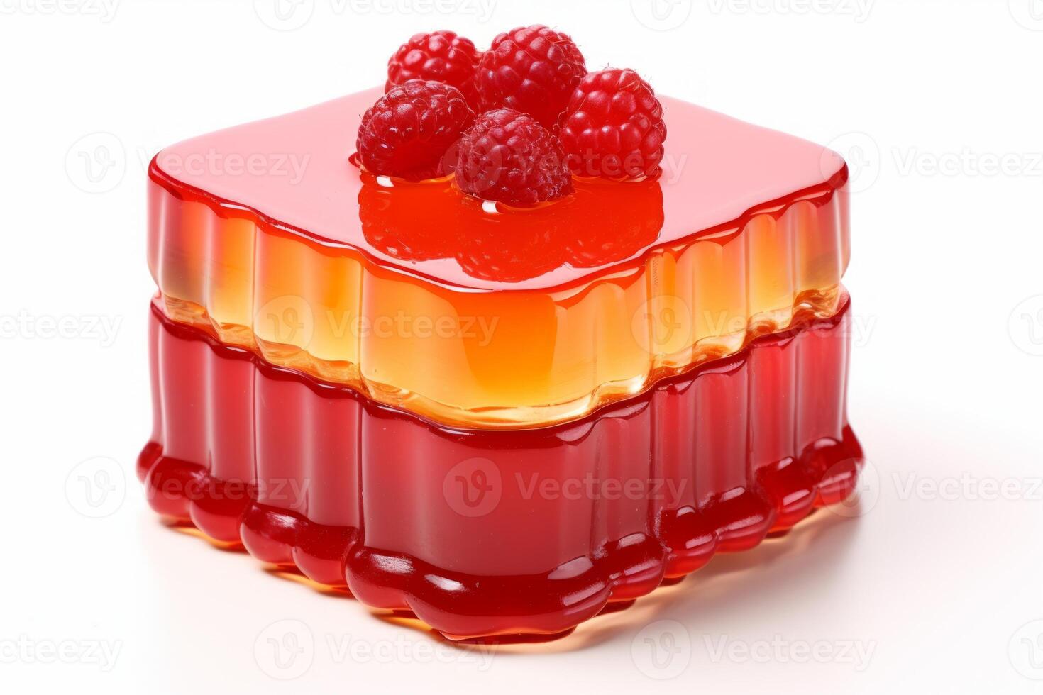 AI generated Red jelly adorned with strawberries. Isolated on white background. Sweet fruit dessert. For use in culinary websites, food blogs, catering services, recipe books, and dessert menus photo