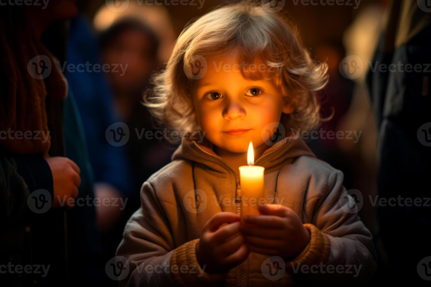 AI generated A Kid holding lit candle with awe in eyes, in church setting. Light casting soft glow on his face. Ideal for Easter festive celebrations, religious event programs, spiritual blogs photo