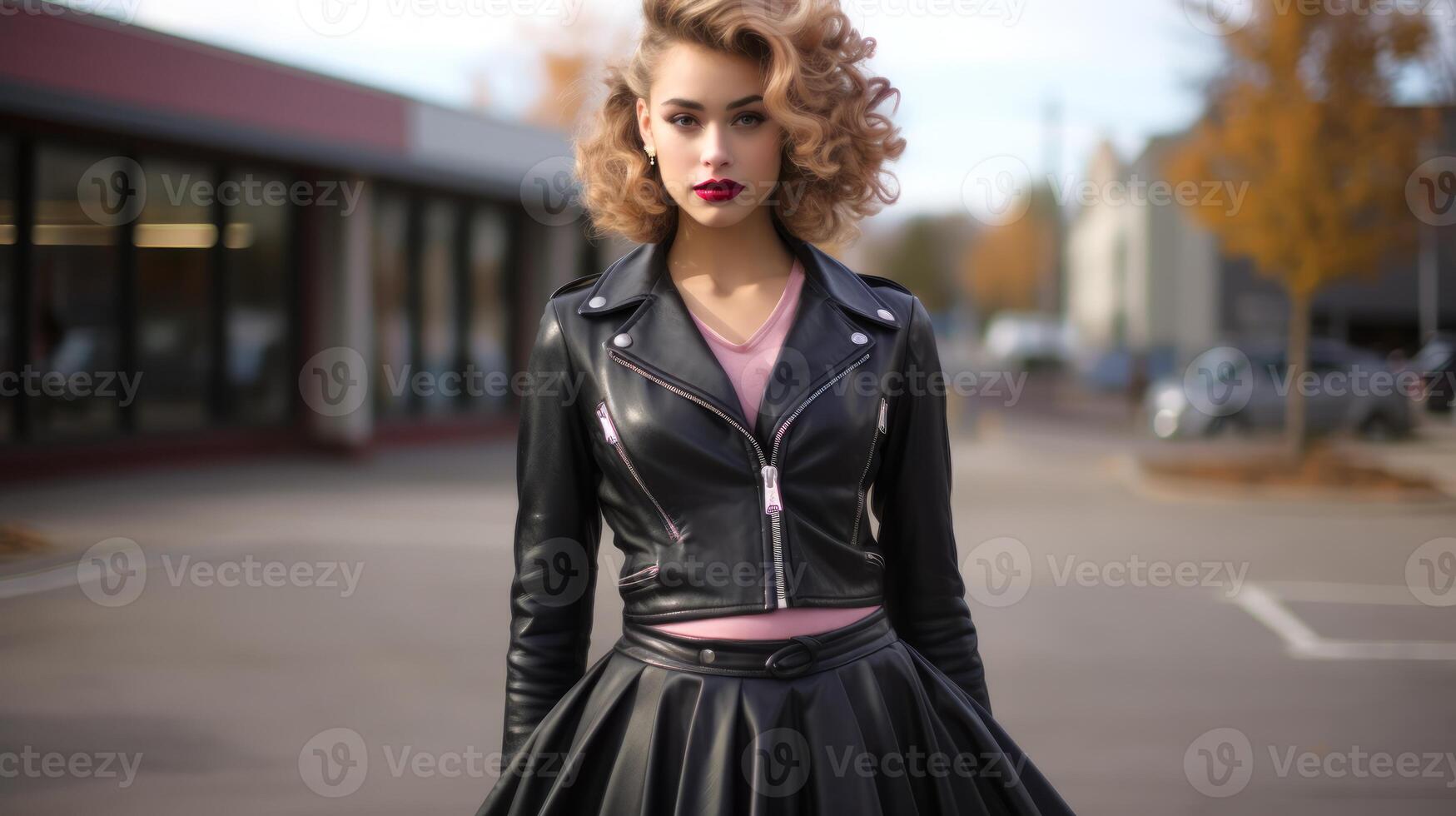 AI generated Woman in a leather jacket and pleated skirt posing outdoors. Vintage style. Ideal for fashion magazines, style guides, retro blogs, and clothing advertisements. photo