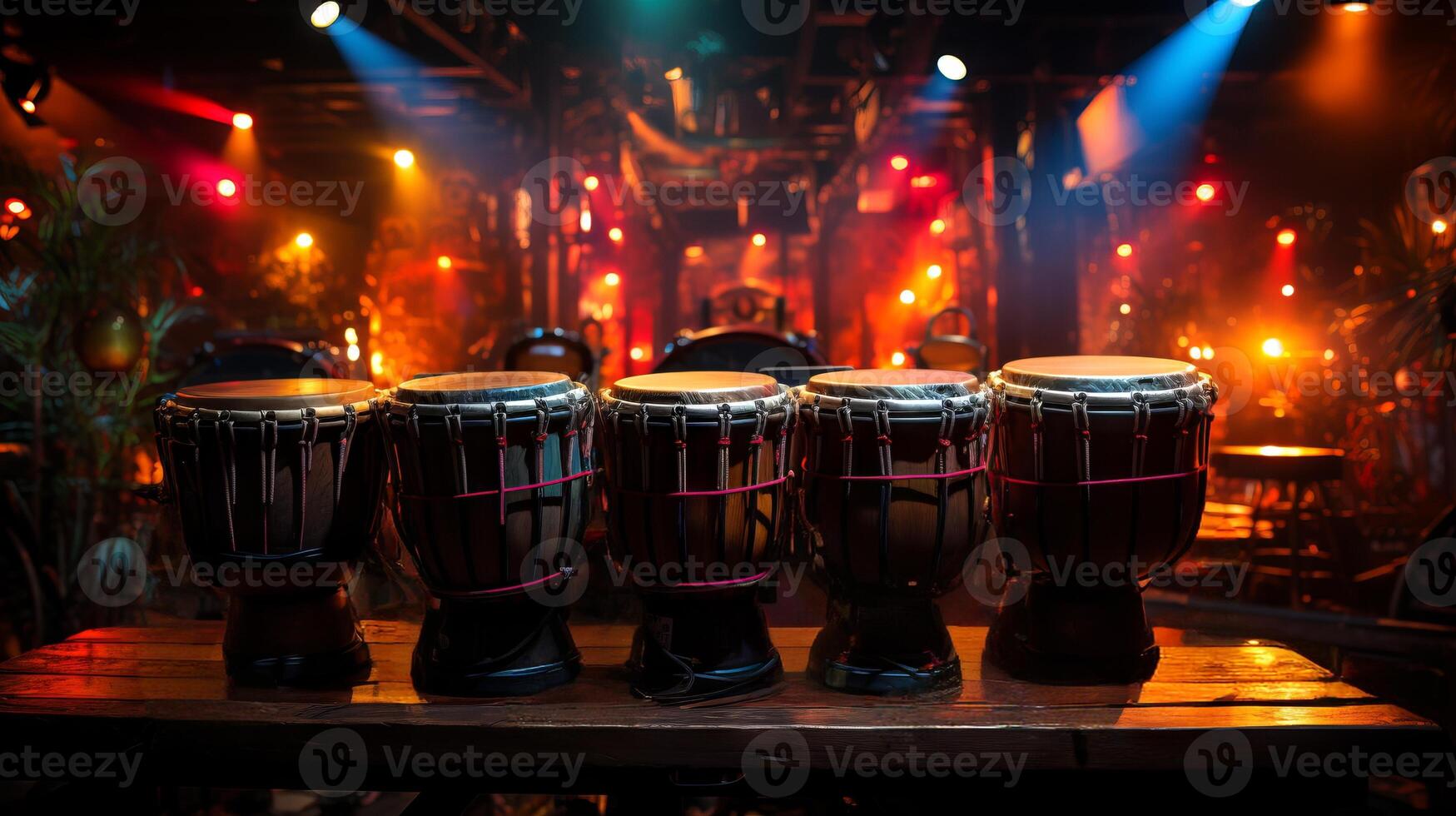 AI generated Row of conga drums on stage, lit by warm stage lights with a bokeh effect. Ideal for music-themed projects and performance promotions. Traditional percussion musical instrument photo