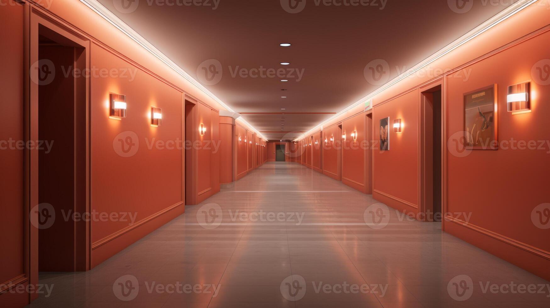 AI generated Opulent hotel hallway with multiple doors and polished floor in trendy Peach color. Ideal for hotel design, luxury apartment complexes, hospitality marketing, and architectural photo