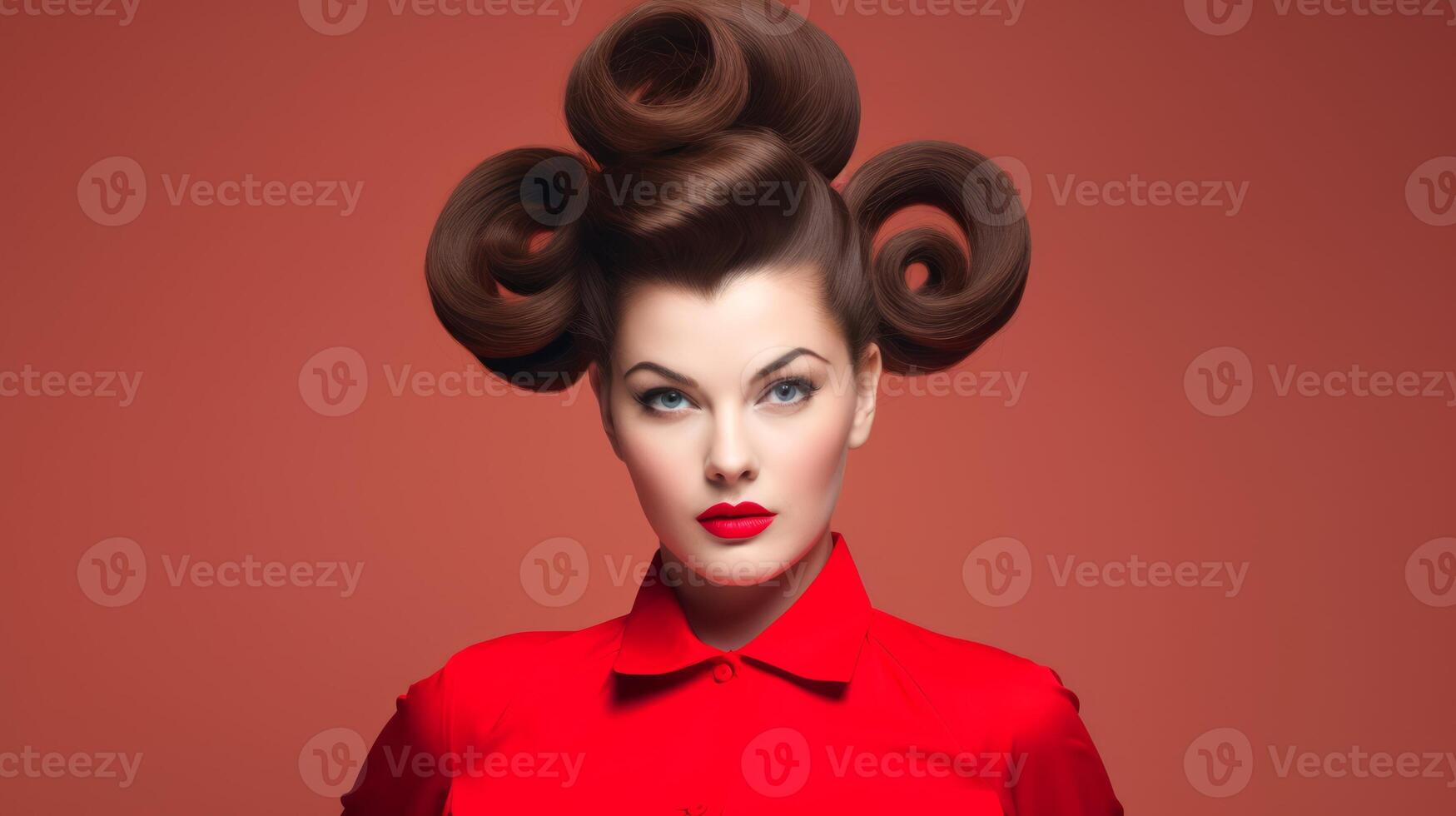AI generated Brunette Woman with styled hair with victory rolls in vintage fashion style. For use in beauty tutorials, retro fashion spreads, hair styling guides, and makeup artistry. photo