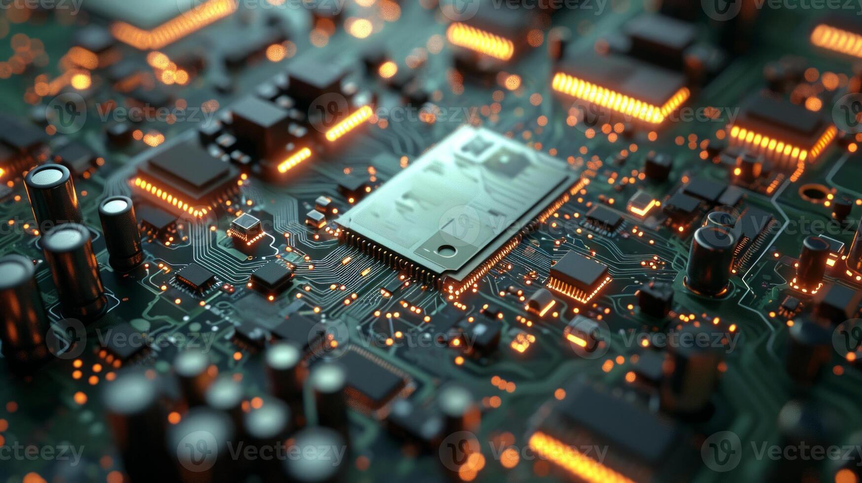 AI generated Detailed view of circuit board with multiple chips and glowing lights. Computer chip, semiconductor, data abstraction. Electronic board. Useful for for tech industry marketing and educat photo