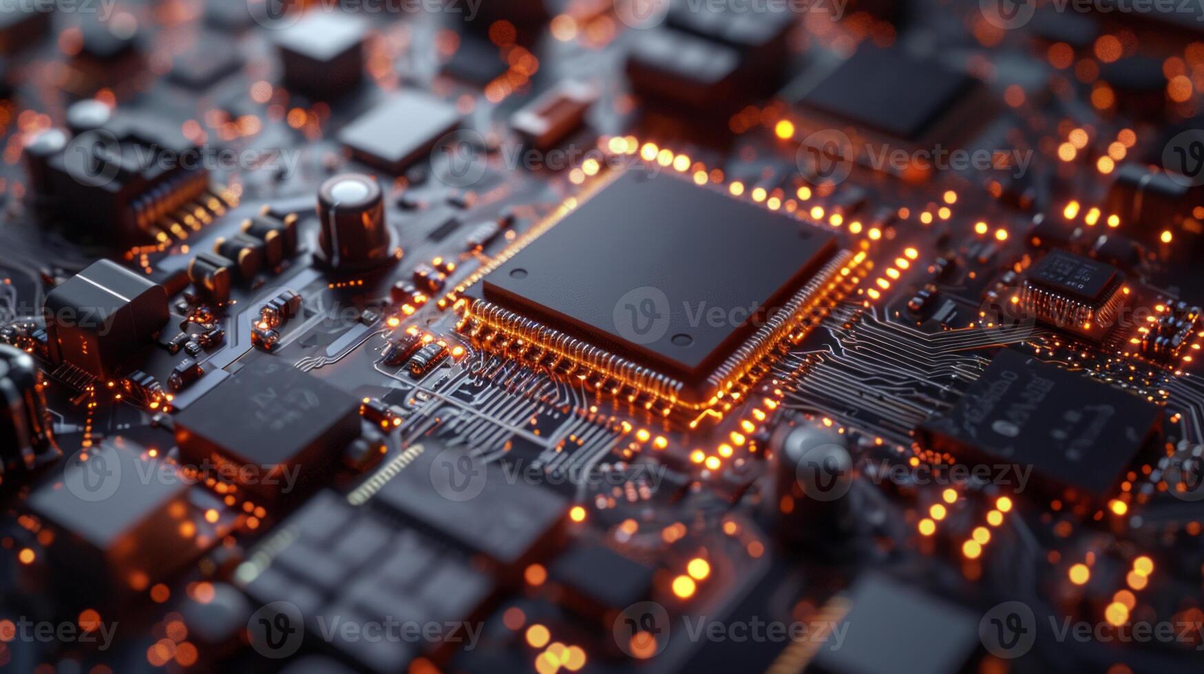 AI generated Detailed view of circuit board with multiple chips and glowing lights. Computer chip, semiconductor, data abstraction. Electronic board. Useful for for tech industry marketing a photo