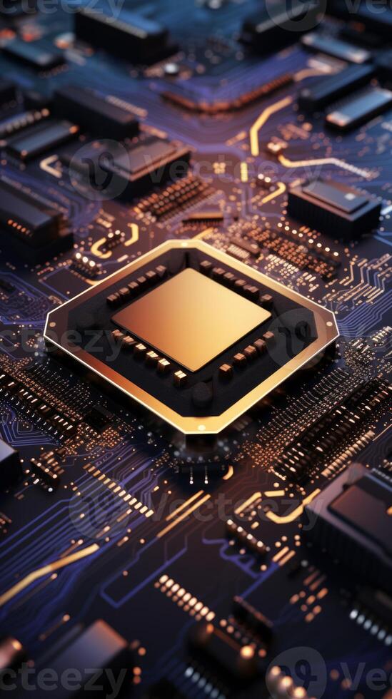 AI generated Detailed view of circuit board with multiple chips and glowing lights. Useful for for tech industry marketing and educational content. Vertical format. photo