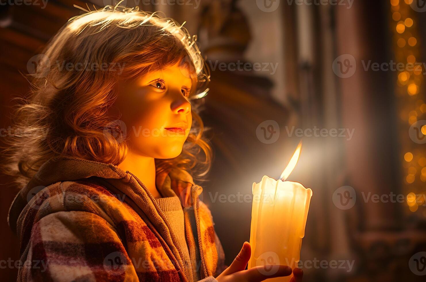 AI generated Kid holding lit wax candle with awe in eyes, in church setting. Light casting soft glow on his face. With copy space. Ideal for Easter festive celebrations, religious event programs photo