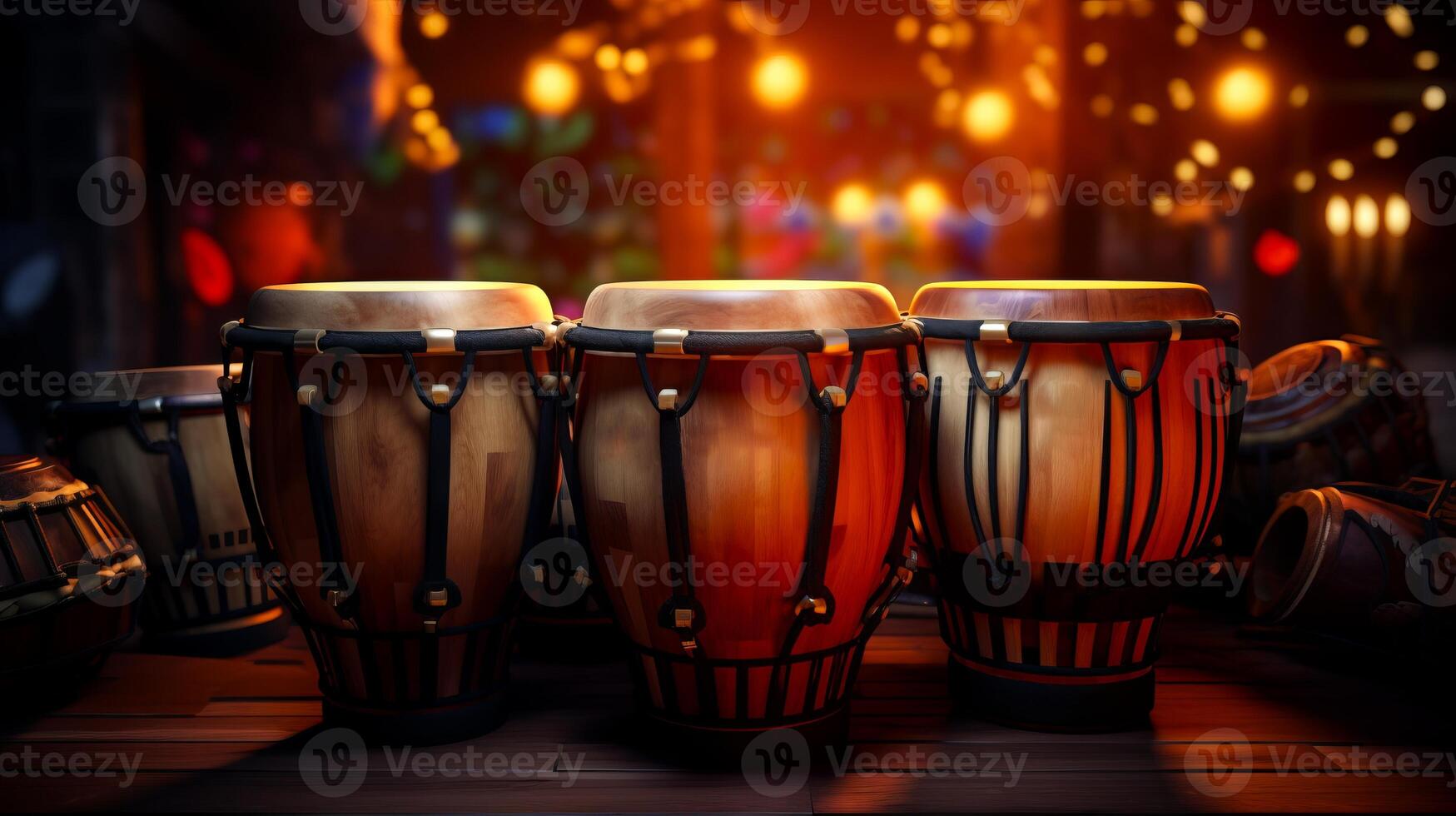 AI generated Conga drums on stage, lit by warm stage lights with bokeh effect. Perfect for music themed projects and performance promotions. Traditional percussion musical instrument of Afro-Cuban. photo