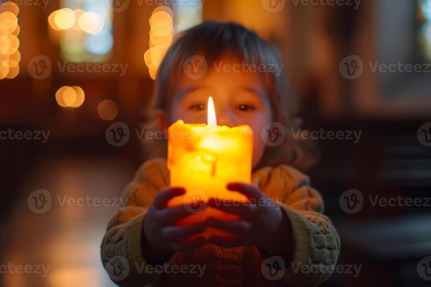 AI generated Kid holding big lit candle with awe in eyes, in a church. Light casting a soft glow on his face. Suitable for Easter festive celebrations, religious event programs, spiritual blogs photo