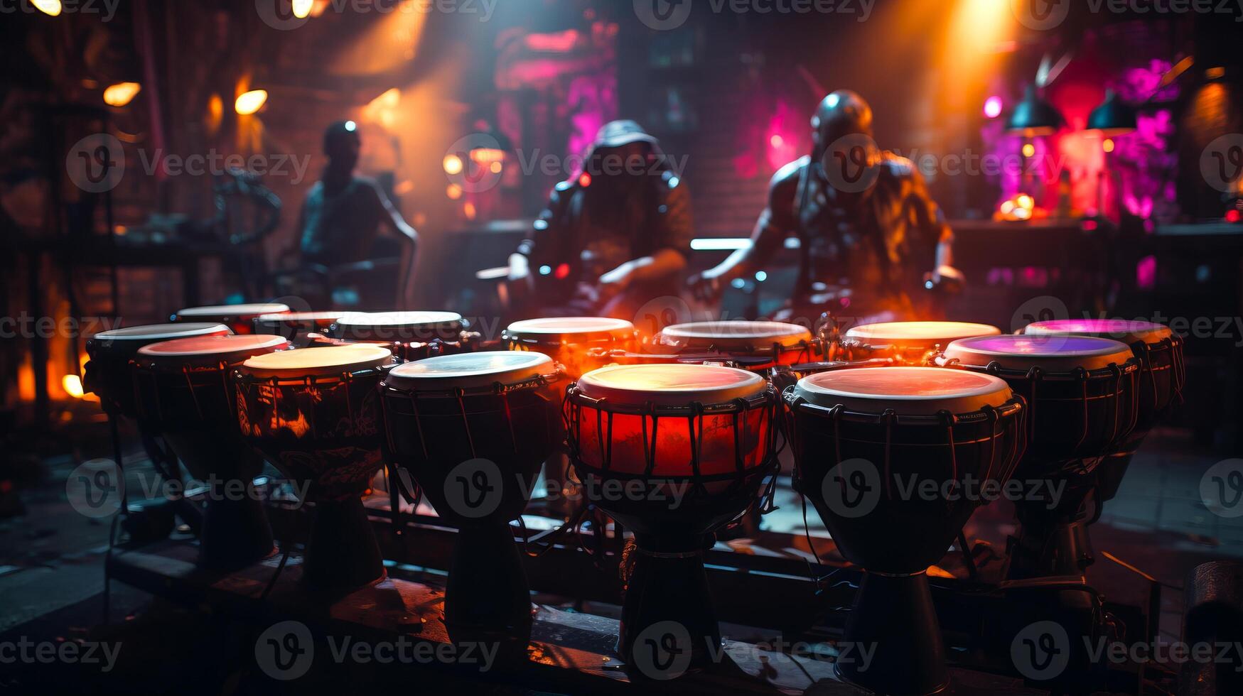 AI generated Conga drums on stage, lit by warm stage lights with bokeh effect. Ideal for music-themed projects and performance promotions. Traditional percussion musical instrument of Afro-Cuban. photo