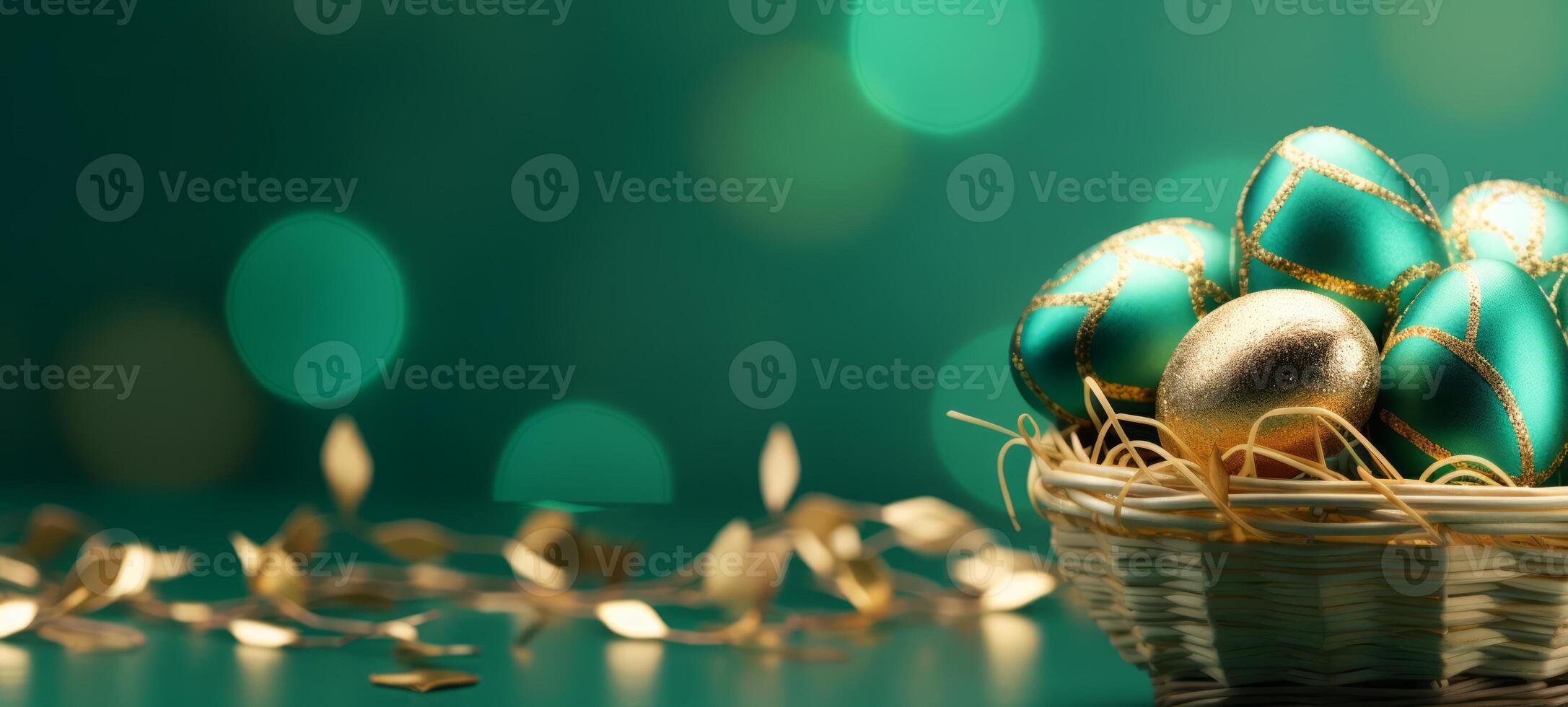 AI generated Emerald and gold Easter eggs in wicker basket on a dark green background. Banner with copy space. Perfect for elegant Easter themes and upscale holiday marketing, highlighting luxury photo