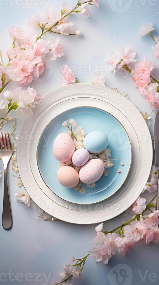 AI generated Top view of Easter dining table setting with plates, pastel eggs, flowers. Blue and pink colors. Ideal for lifestyle content and magazine spreads focused on seasonal celebrations and desi photo