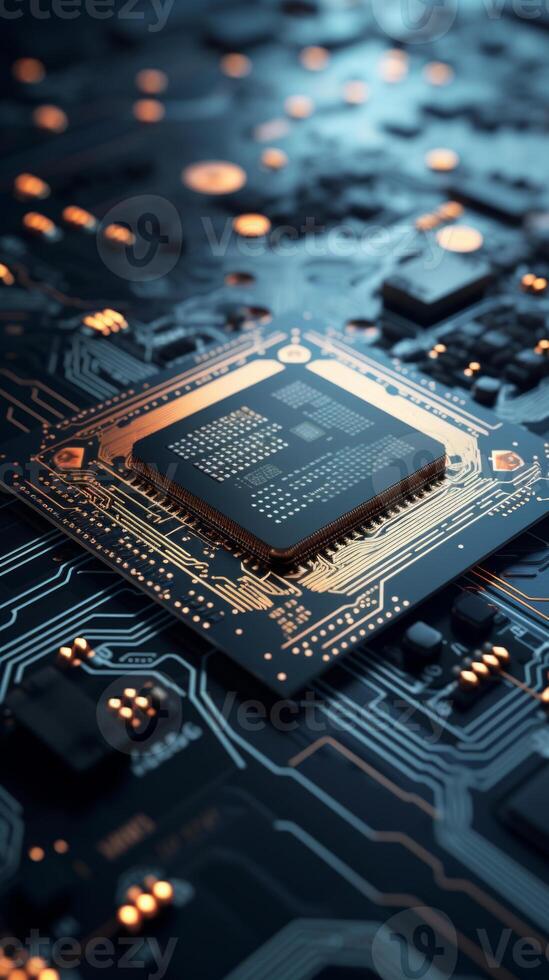 AI generated Detailed view of circuit board with multiple chips and glowing lights. Useful for for tech industry marketing and educational content. Vertical format. photo