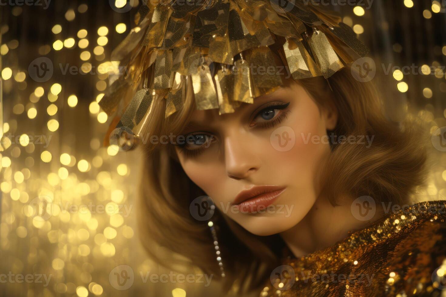 AI generated Woman with golden headpiece and sequin dress, bokeh lights background. Concept for masquerade, holiday, corporate party and nightlife photo