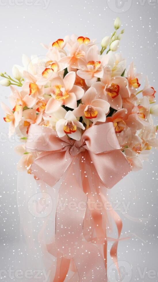 AI generated Peach orchids bouquet with ribbon bow on light background. Perfect for poster, greeting card, event invitation, promotion, advertising, elegant design. Present for Valentines day, Vertic photo
