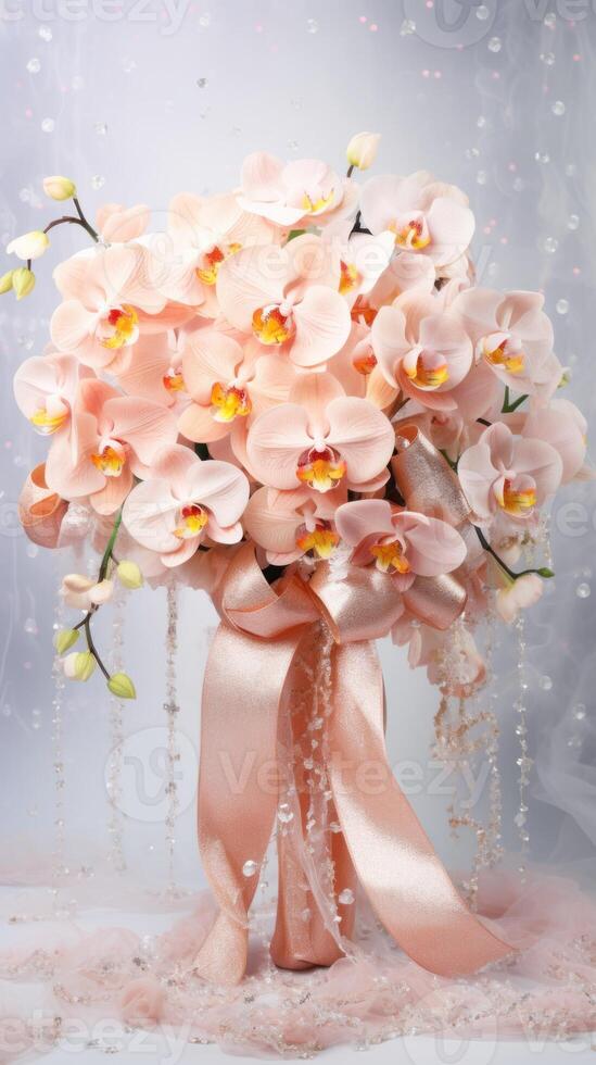AI generated Peach orchids bouquet with ribbon bow on light background. Perfect for poster, greeting card, event invitation, promotion, advertising, elegant design. Present for Valentines day photo