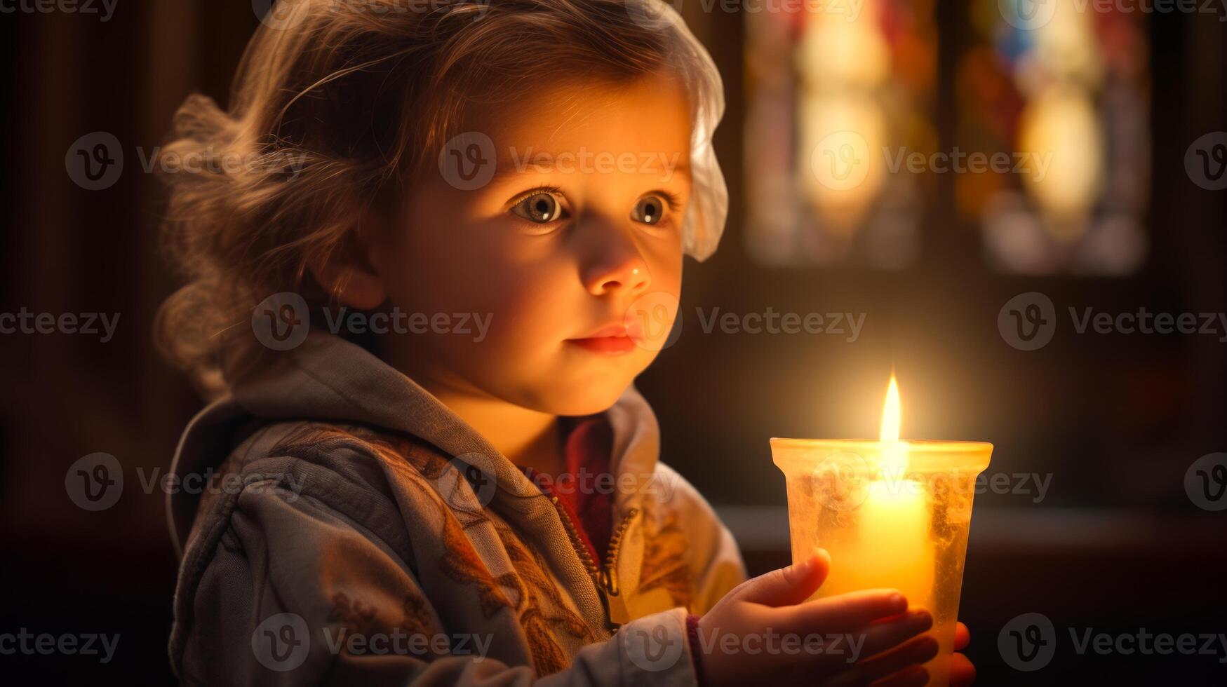 AI generated A young child holding a lit candle with awe in eyes, in a church setting. Light casting a soft glow on his face. Suitable for Easter festive celebrations, religious event programs photo