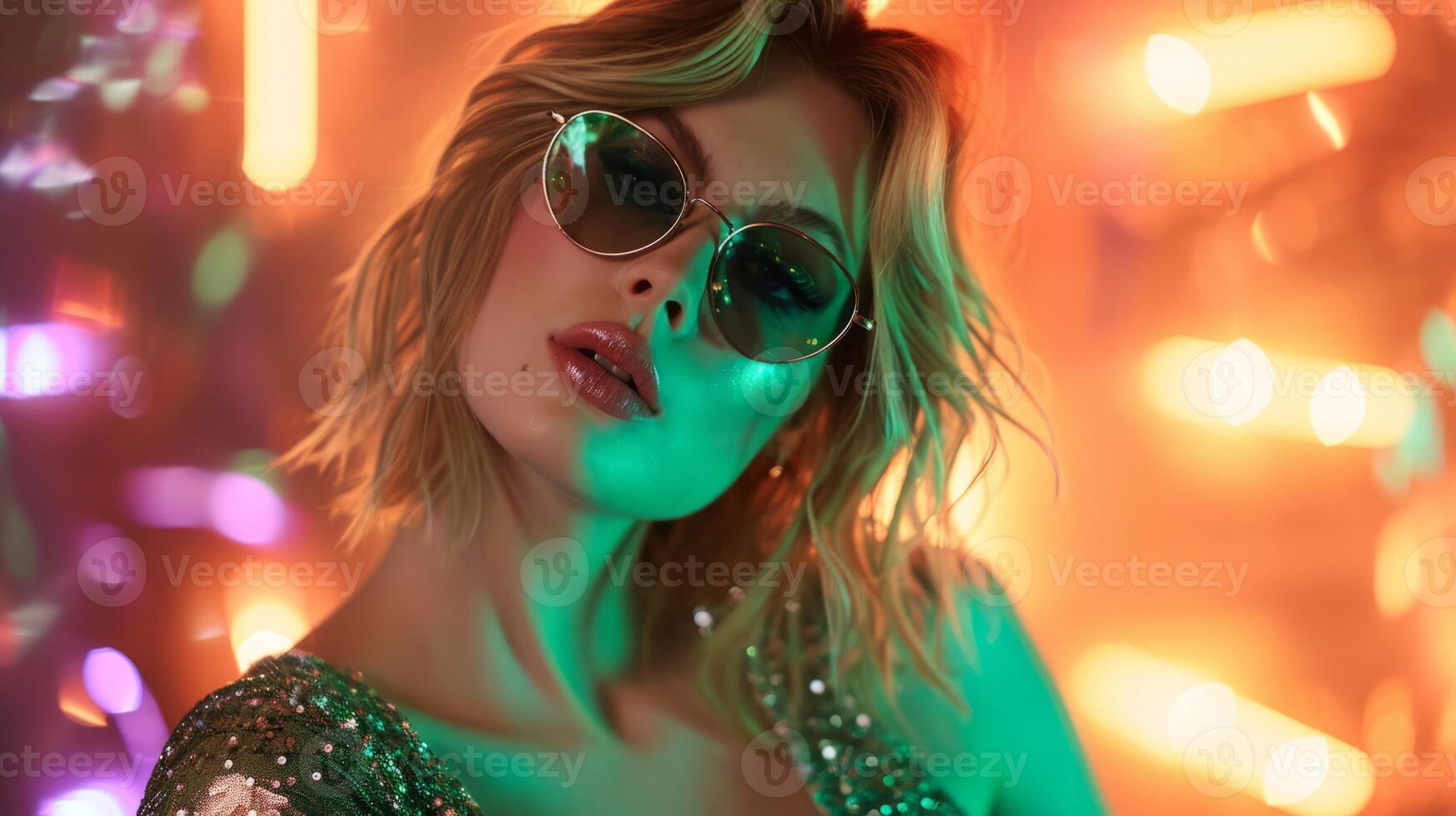 AI generated Glamorous Blonde woman in green glitter dress and jeweled glasses on a vibrant neon backdrop. Concept for masquerade, holiday and corporate party. Ideal for style magazines and party photo