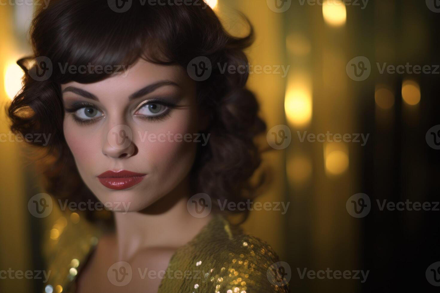 AI generated Portrait of a woman with vintage hairstyle, yellow sequin dress, and soft bokeh lighting. Suitable for retro fashion and beauty features. Concept of masquerade, holiday, corporate photo
