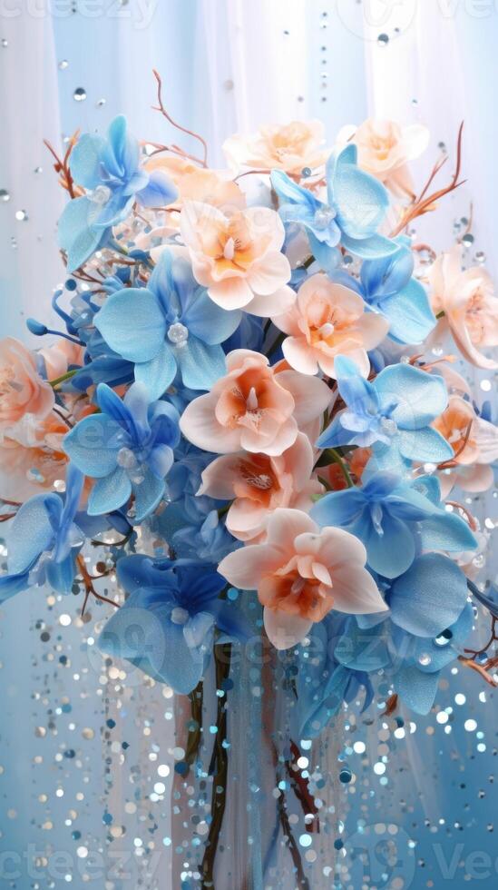 AI generated Orchids bouquet on light background. Perfect for poster, greeting card, event invitation, promotion, advertising, elegant design. Present for Valentines day, Vertical format photo