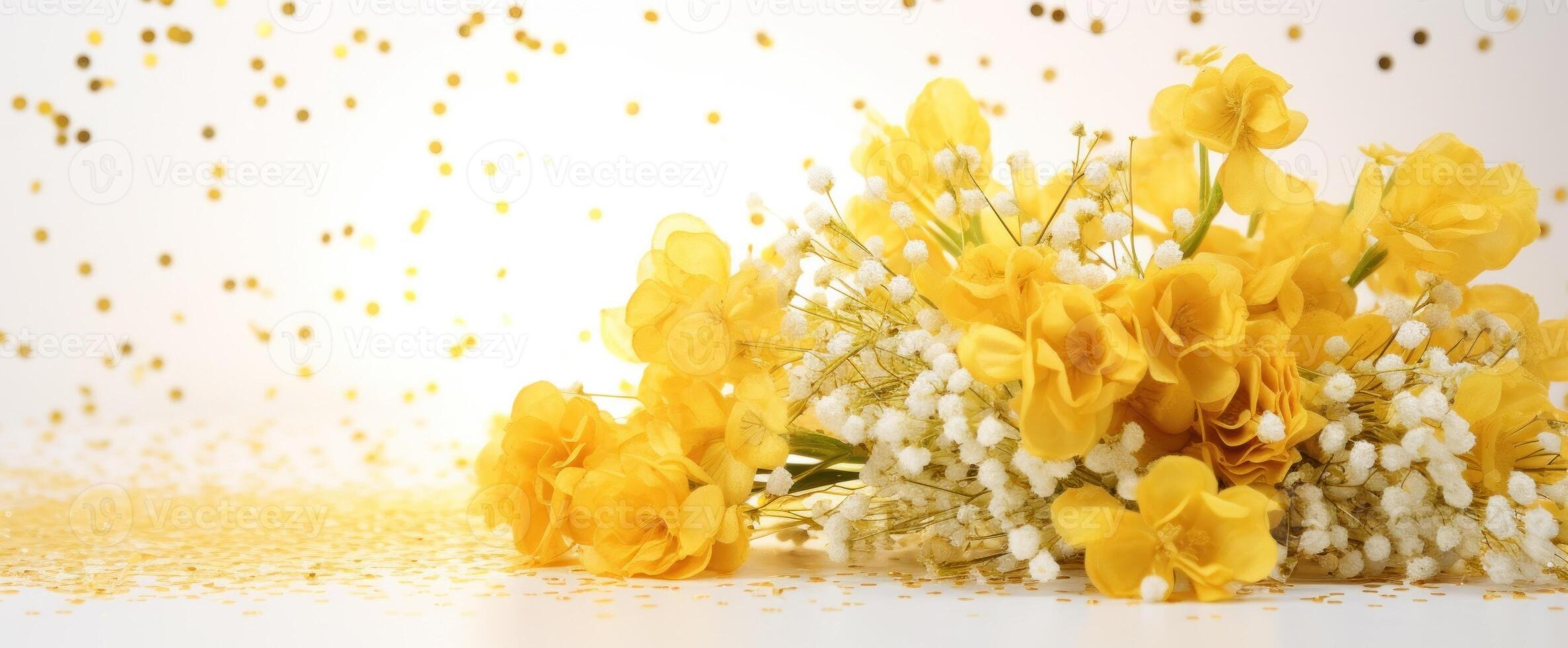 AI generated Yellow flowers bouquet on a light background with glitter and bokeh. Banner with copy space. Ideal for poster, greeting card, event invitation, promotion, advertising, print, photo