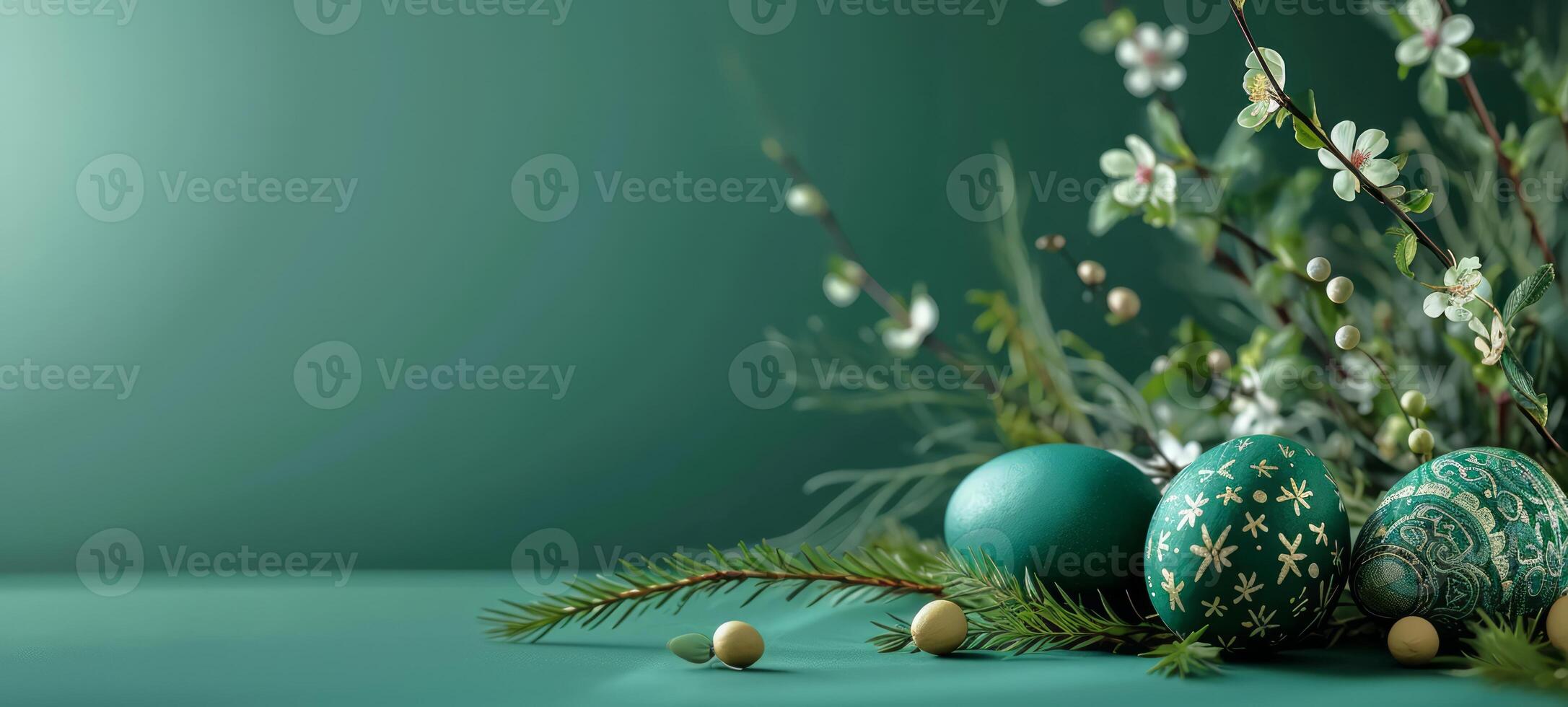 AI generated Easter composition with decorated eggs in shades of green with gold patterns in a wicker basket on a teal backdrop. Banner with copy space. Suitable for spring themes and holiday photo