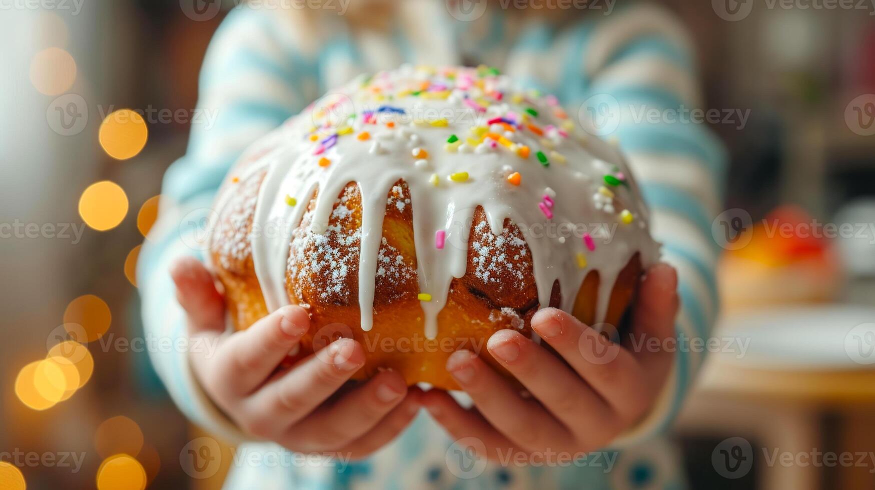 AI generated Child holding in hands Easter cake Kulich decorated with white dripping icing and colored sprinkles. Blurred background. Ideal for bakery ads, holiday Easter content, or recipe blogs photo