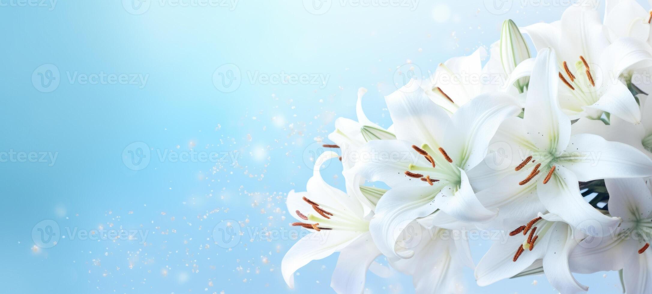 AI generated White lilies bouquet on light blue background with glitter and bokeh. Banner with copy space. Ideal for poster, greeting card, event invitation, promotion, advertising, print, photo