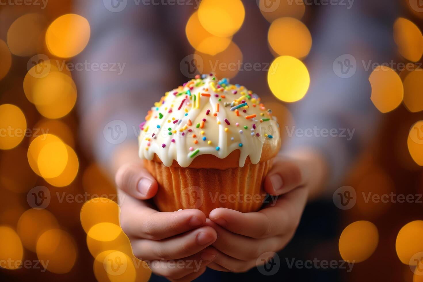 AI generated Child holding in his hands Easter cupcake Kulich decorated with white dripping icing and colored sprinkles. Blurred background. Ideal for bakery ads, holiday Easter content photo
