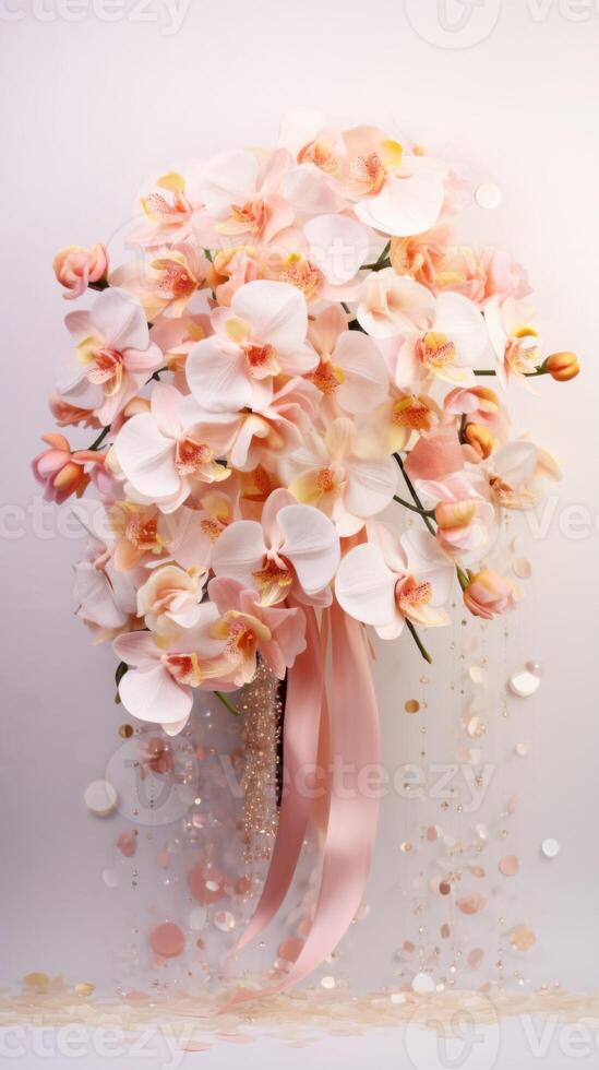 AI generated Peach orchids bouquet with ribbon bow on light background. Perfect for poster, greeting card, event invitation, promotion, advertising, elegant design. Present for Valentines day photo