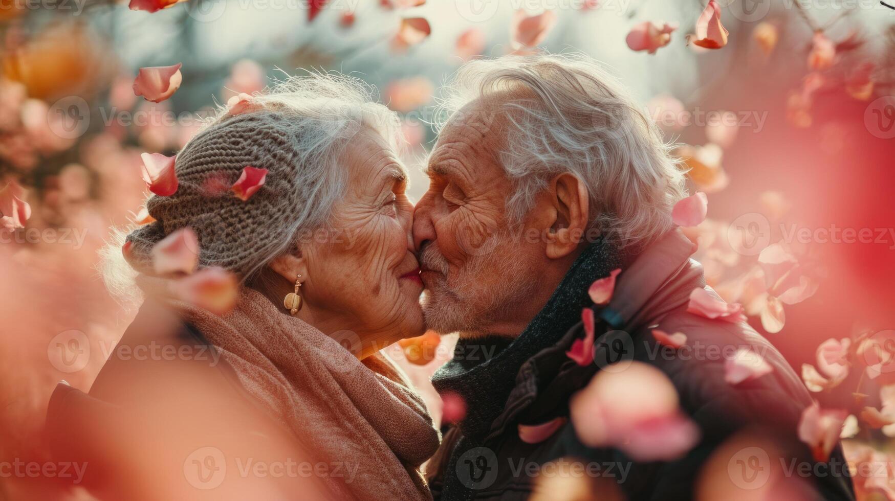 AI generated Affectionate elderly couple shares heartfelt kiss amidst a soft background of red rose petals, evoking everlasting love. Ideal for greeting cards and sentimental themes. Valentines day photo