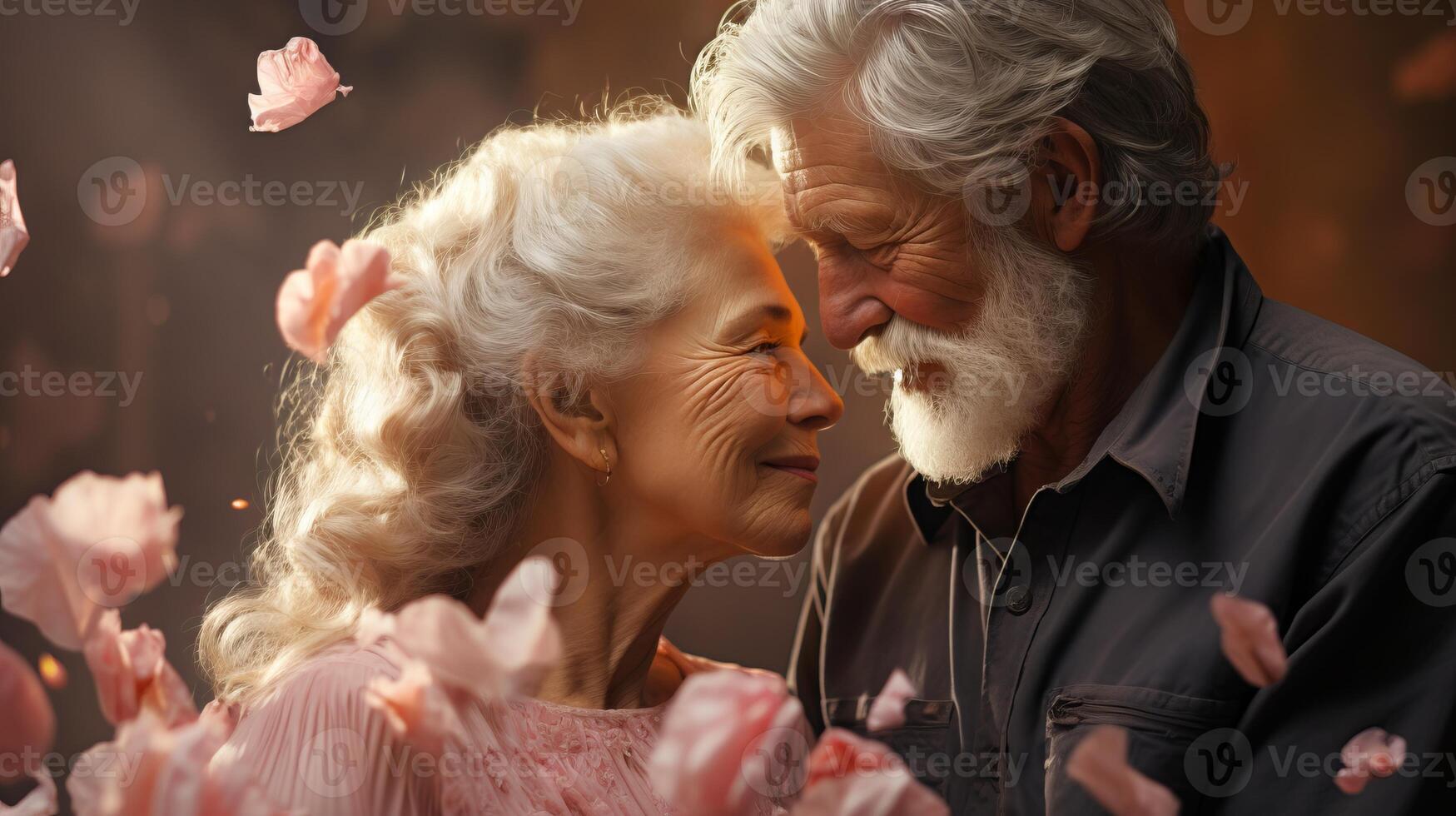 AI generated Affectionate elderly couple hugging tenderly amidst a soft background of pink rose petals, evoking everlasting love. Ideal for greeting cards and sentimental themes. Valentines day. photo