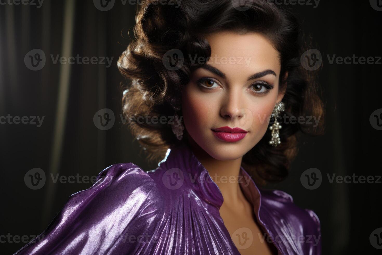 AI generated Young glamorous brunette with bright makeup in a purple dress on a dark background. Ideal for fashion, event promotions, or luxury content. Concept for masquerade, holiday photo