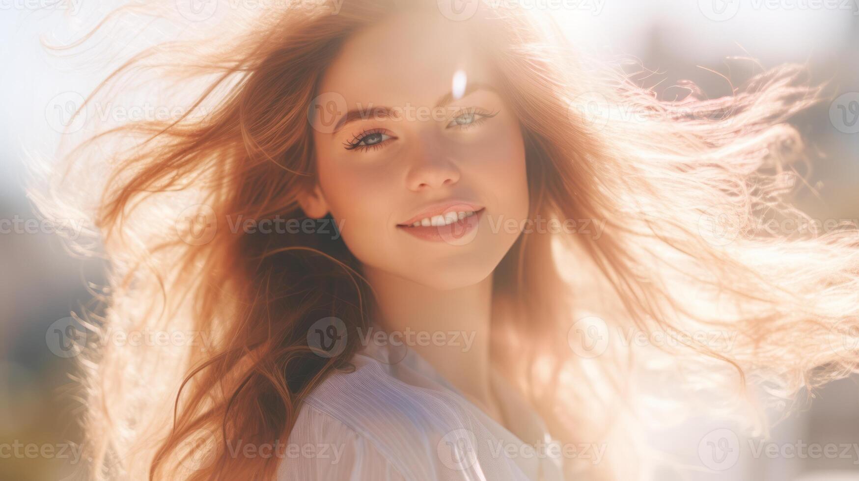 AI generated Young beautiful woman with natural makeup in the sunlight. Happy lady enjoying the sun. Banner with copy space. Ideal for beauty, wellness, lifestyle campaigns or hair care photo