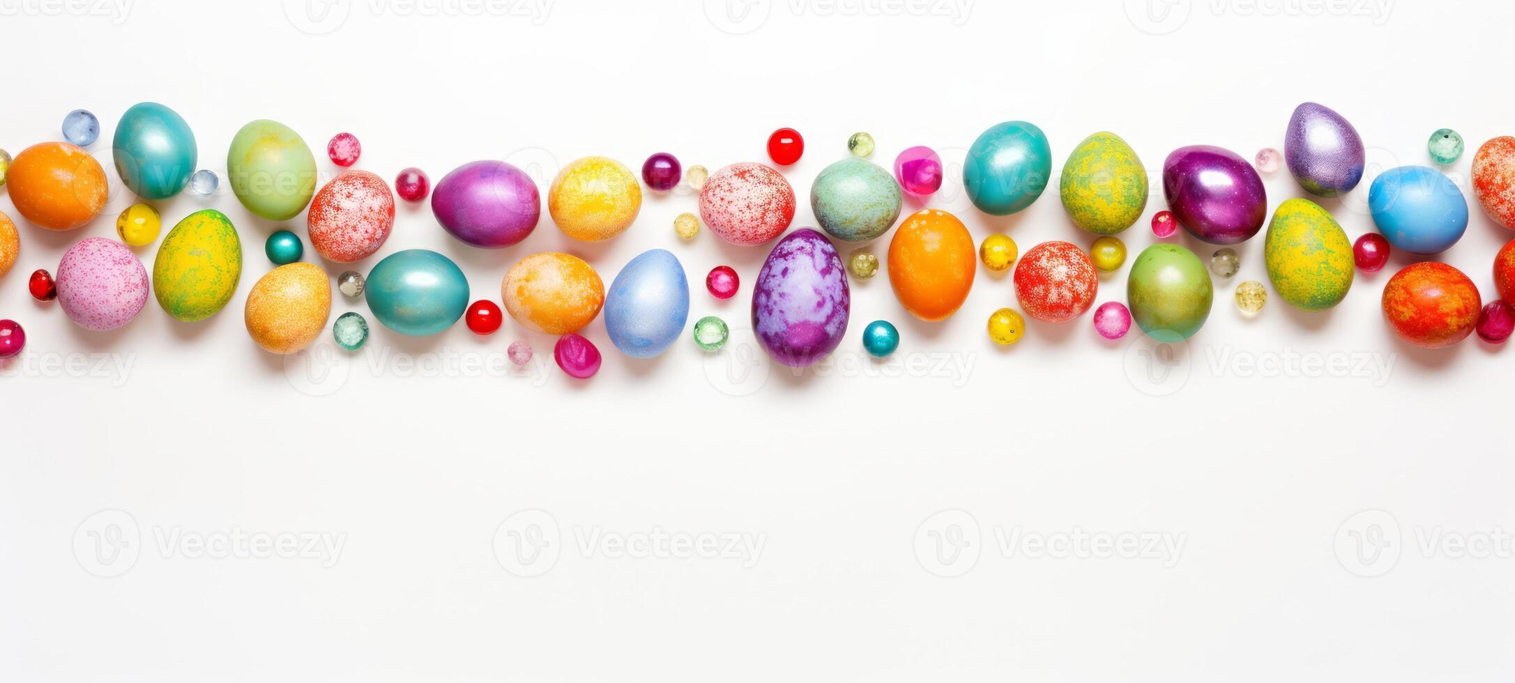AI generated Variety of hand-painted Easter eggs lie in a row, decorated with intricate patterns and vivid colors. On white background. With copy space. Ideal for seasonal advertising and craft blogs photo