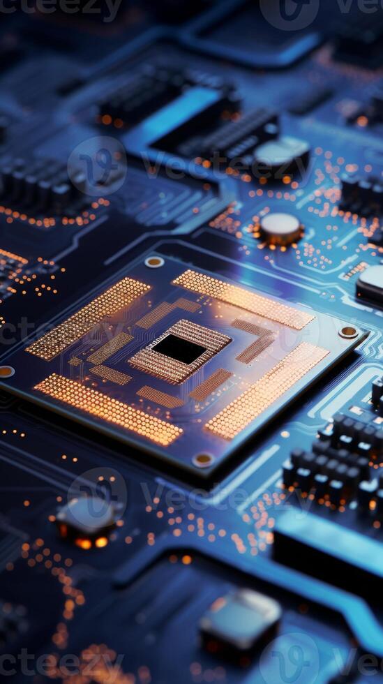 AI generated Detailed view of circuit board with multiple chips and glowing lights. Useful for for tech industry marketing and educational content. Vertical format. photo