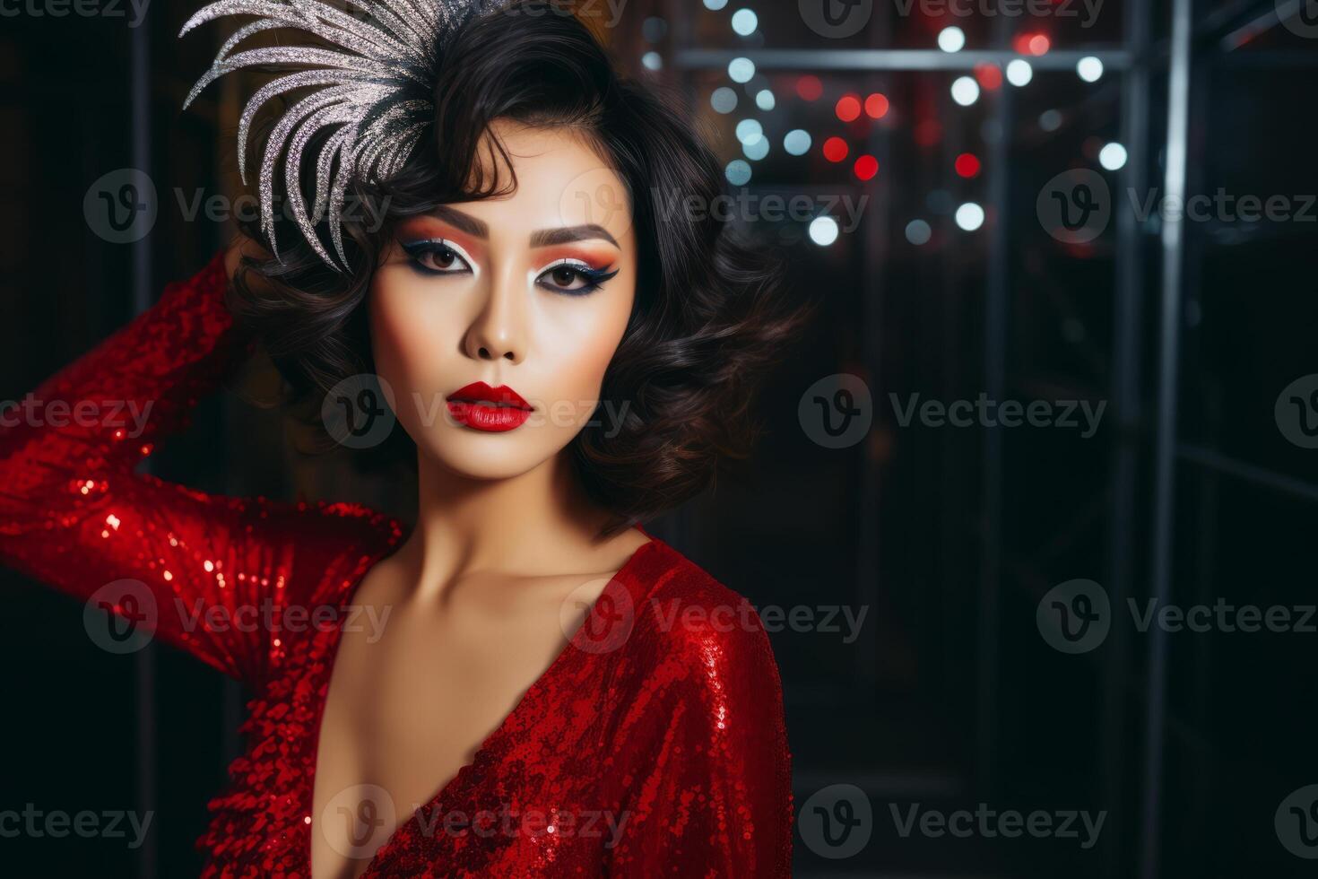 AI generated Asian woman with retro makeup and sequined jacket against lights. Concept for masquerade, holiday and corporate party. Ideal for beauty campaigns and retro fashion spreads. photo