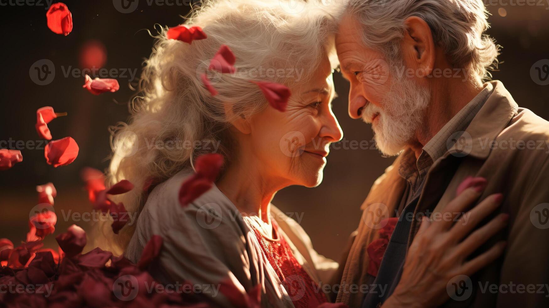 AI generated Affectionate elderly couple hugging tenderly amidst a soft background of red rose petals, evoking everlasting love. Ideal for greeting cards and sentimental themes. Valentines day photo