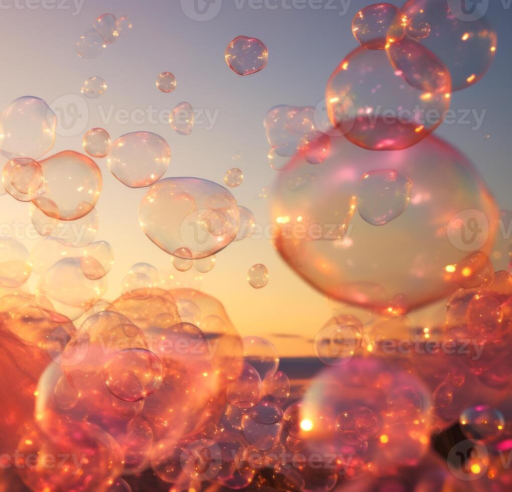 AI generated Soap bubbles against a sunset, glowing with a warm light. Can be used as a background for festive occasions, relaxation themes. Concept of celebration, serenity, imagination. photo