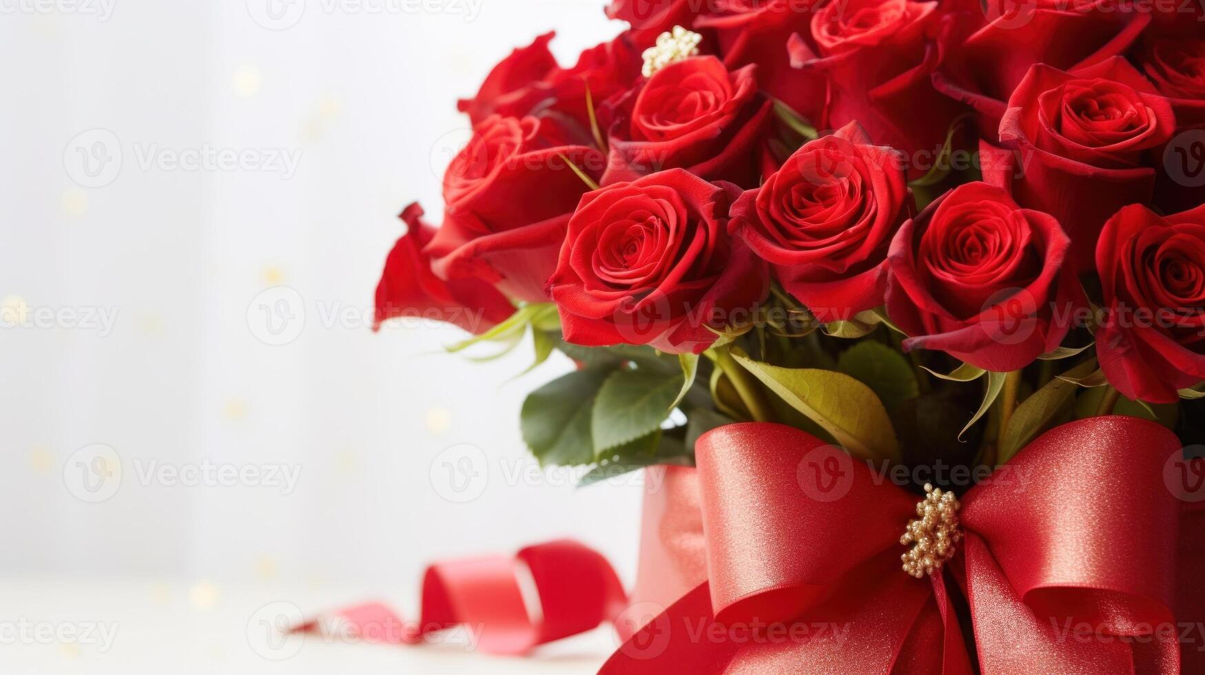 AI generated Red roses bouquet on a light background with glitter and bokeh. Banner with copy space. Perfect for poster, greeting card, event invitation, promotion, advertising, print, elegant design photo