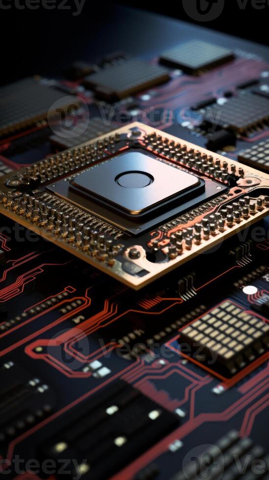 AI generated Detailed view of circuit board with multiple chips and glowing lights. Useful for for tech industry marketing and educational content. Vertical format. photo