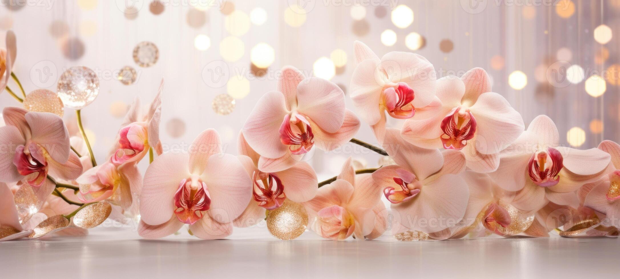 AI generated Peach orchids bouquet on light peach background with glitter and bokeh. Banner with copy space. Perfect for poster, greeting card, event invitation, promotion, advertising, print photo