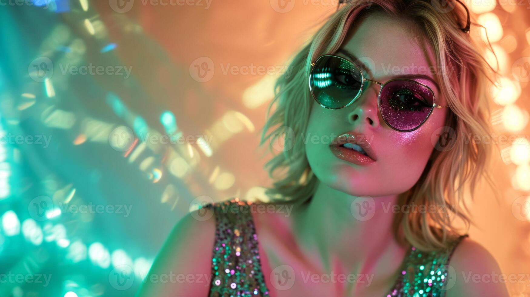 AI generated Glamorous Blonde woman in green glitter dress and jeweled glasses on vibrant neon background. Concept for masquerade, holiday and corporate party. Ideal for style magazines and party photo