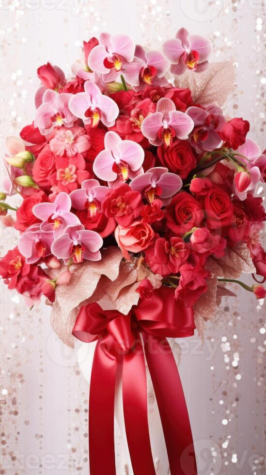 AI generated Orchids and roses bouquet with ribbon bow on light background. Perfect for poster, greeting card, event invitation, promotion, advertising, elegant design. Present for Valentines day photo