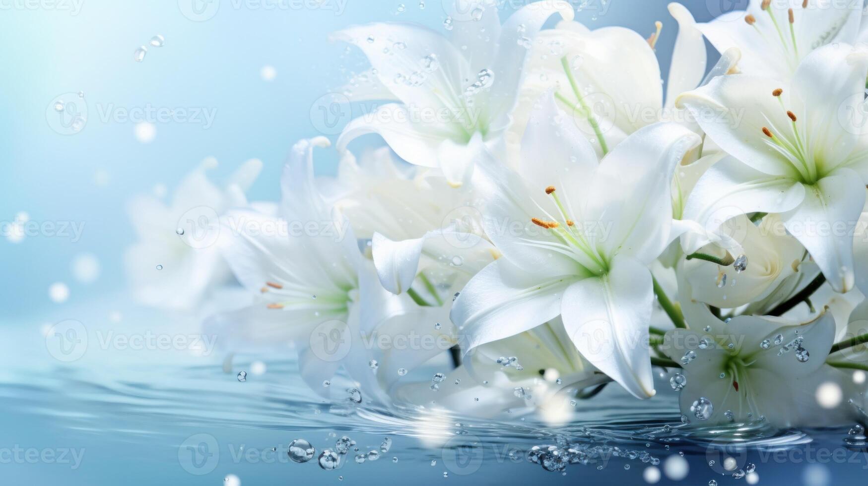 AI generated White lilies under light blue clear water with bubbles and droplets. Banner with copy space. Perfect for poster, greeting card, event invitation, promotion, advertising, print, elegant photo