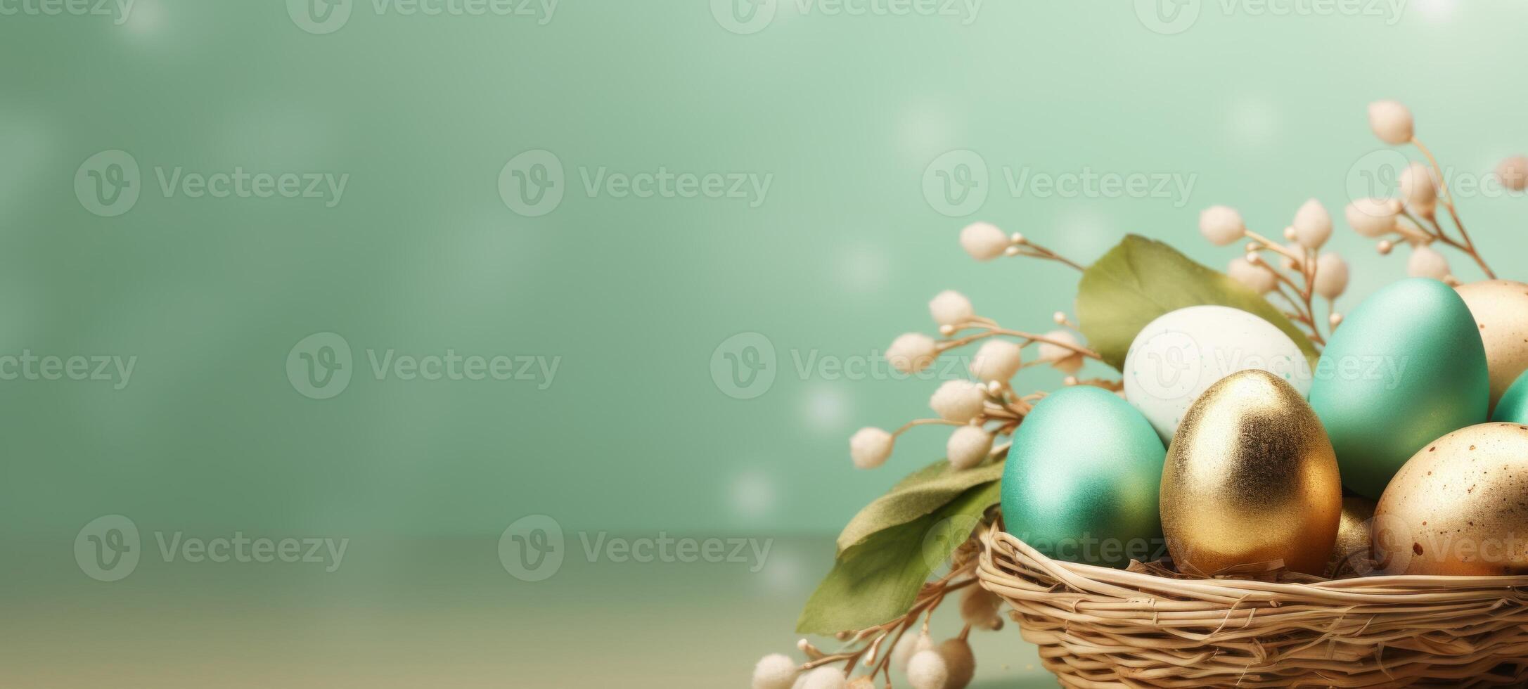 AI generated Golden, green and white Easter eggs in wicker basket with pussy willows, on green background. Banner with copy space. For elegant Easter themes and holiday marketing, highlighting luxury photo