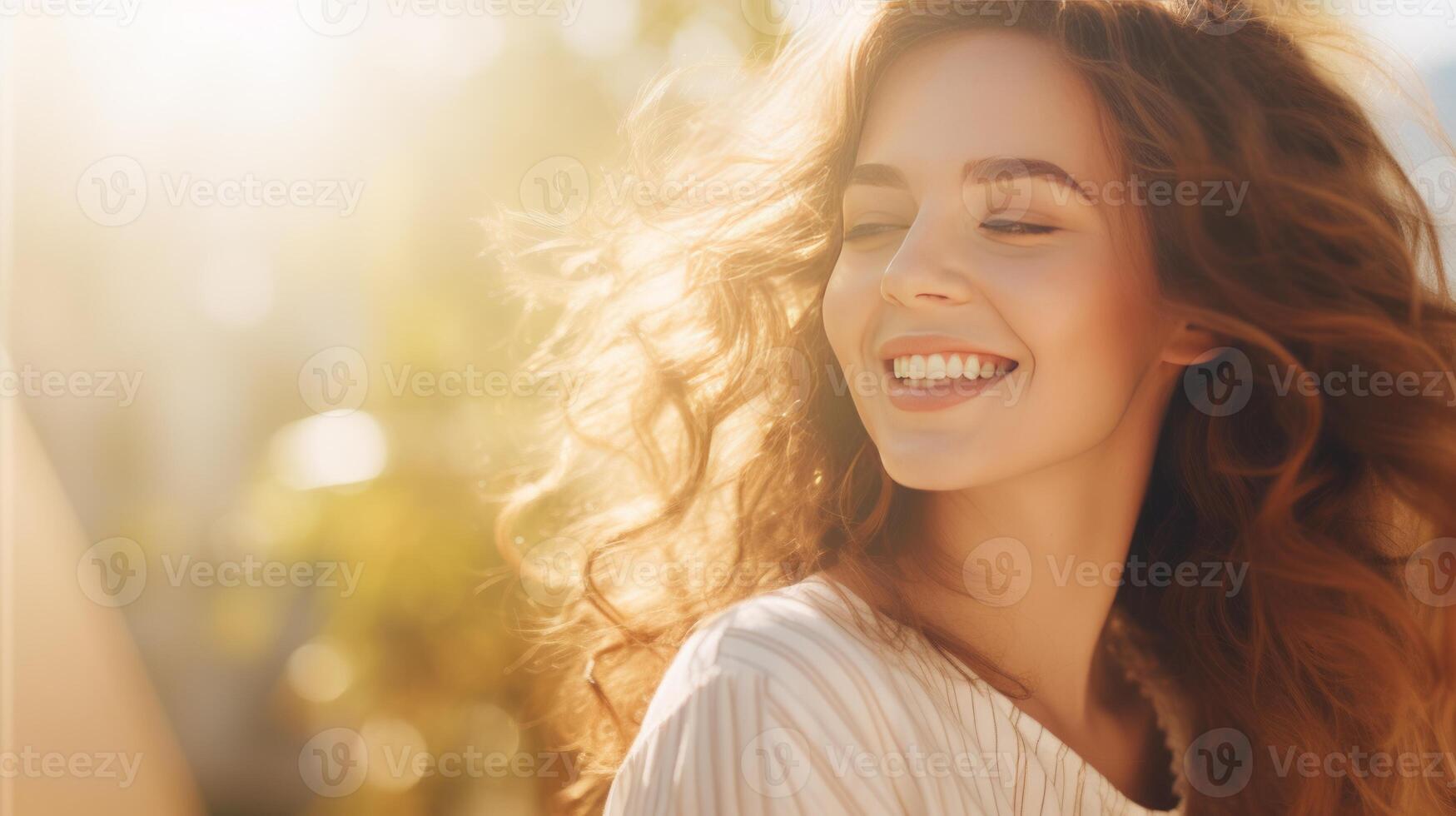 AI generated Beautiful Caucasian woman with natural makeup in the sunlight. Happy lady enjoying the sun. Banner with copy space. Ideal for beauty, wellness, lifestyle campaigns or hair photo