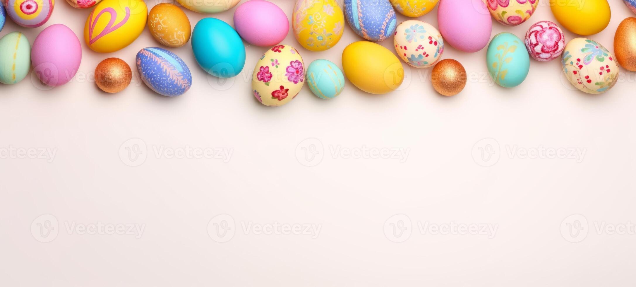 AI generated Decoratively painted Easter eggs on white background, creating a festive border. Banner with copy space. For spring event invitations and holiday social media posts. Spirit of Easter photo