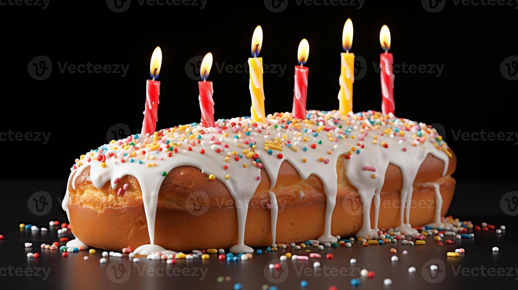 AI generated Easter Kulich cake with white icing, colorful sprinkles and lit candles. On a dark background. Traditional Russian Easter cupcake. Ideal for Celebratory events and holiday promotions photo