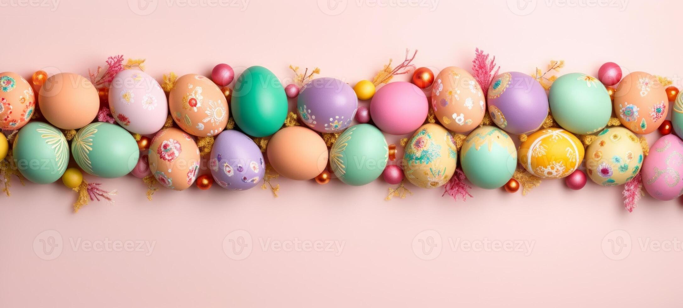 AI generated Variety of hand-painted Easter eggs lie in a row, decorated with intricate patterns and vivid colors. On pink background. With copy space. Ideal for seasonal advertising and craft blogs. photo