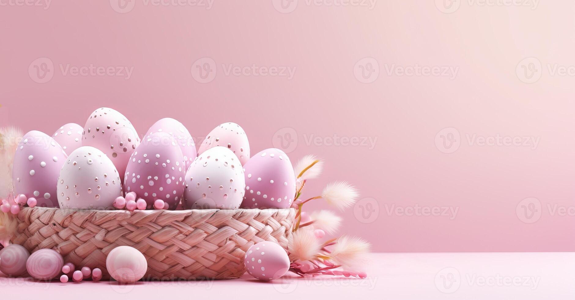 AI generated Softly colored Easter eggs with intricate designs in rustic basket alongside pussy willows, on gentle pink backdrop. Banner with copy space. For serene Easter celebration photo